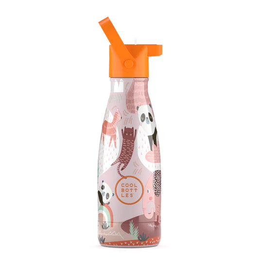 Botella para niños de 26oml de la marca The Cool Bottles de acero inoxidable de grado alimenticio 18/8, libre de BPA, ftalatos y toxinas, estampado en tonos coral y rosas de ositos pandas 