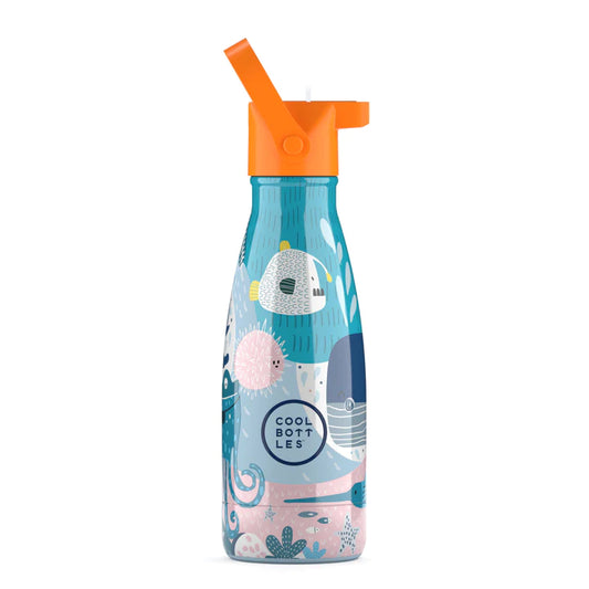 Botella para niños de 26oml de la marca The Cool Bottles de acero inoxidable de grado alimenticio 18/8, libre de BPA, ftalatos y toxinas, estampado en tonos azules de animales marinos