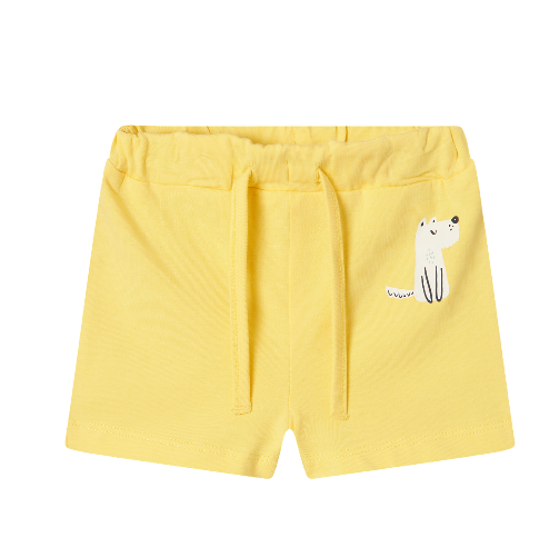 bermudas de bebé color amarillo con estampado de perrito en blanco goma en la cinturilla y botones interiores para ajustar algodon organico Name It