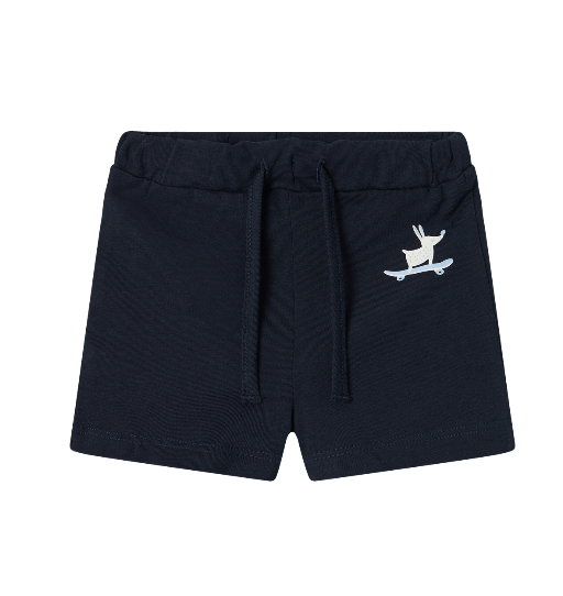 bermudas de bebé color navy con estampado de perrito en patinete con goma en la cinturilla y botones interiores para ajustar, algodon organico Name It