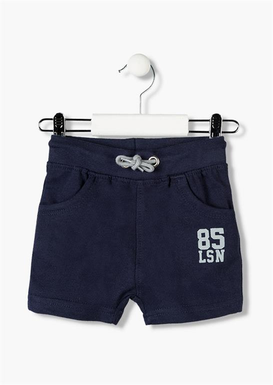 Bermudas tipo chandal de bebé con cinturilla ajustable con goma y cordones en color navy con letras oscuras en la pierna Losan