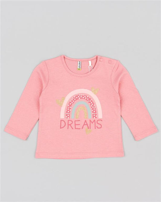 Camiseta de bebé de manga larga en color rosa con estampado de arcoiris y letras en tonos rosas Losan