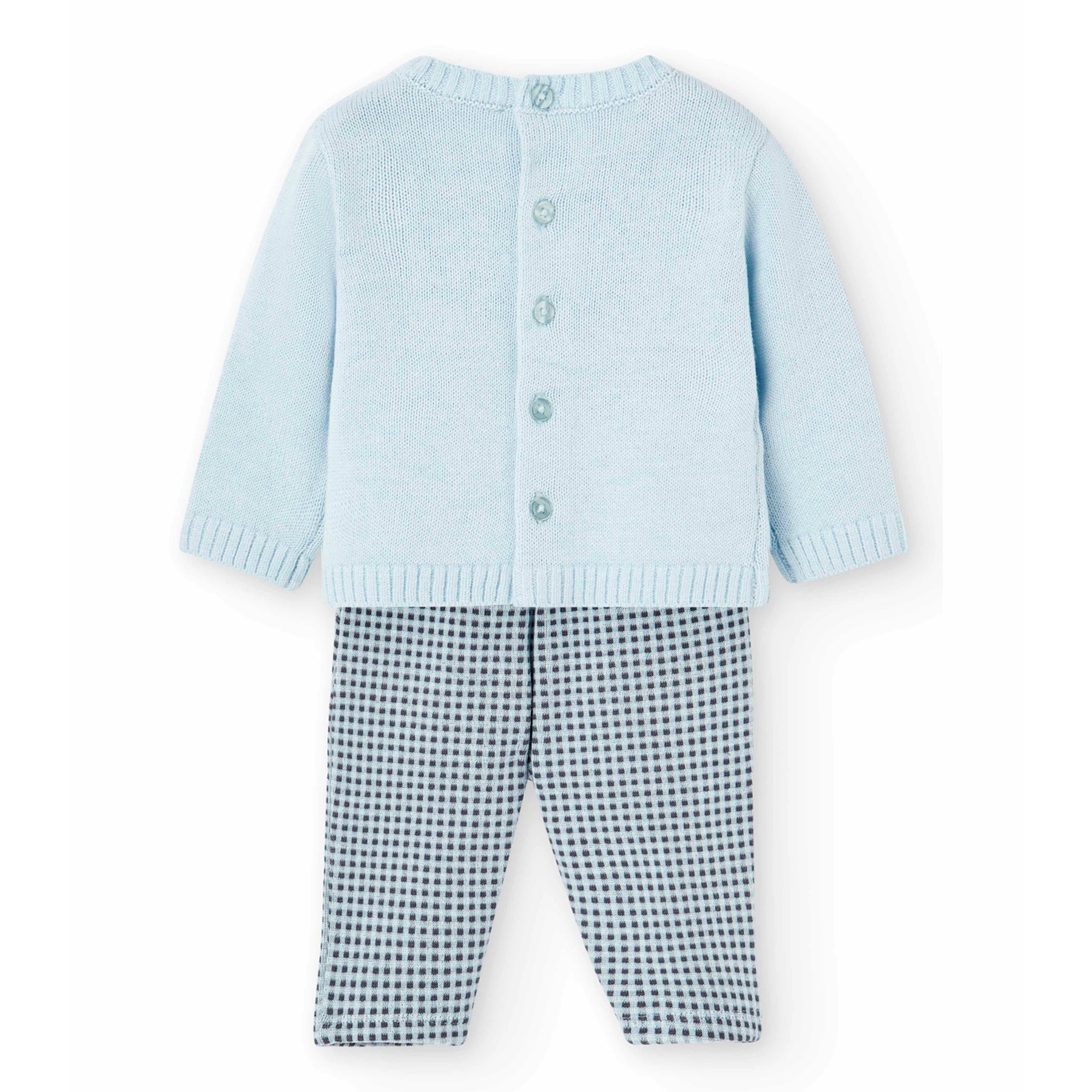 Conjunto bebé niño compuesto por jersey con un conejito bordado en color azul celeste y pantalón de cuadros vichy en azul celeste y negro Boboli