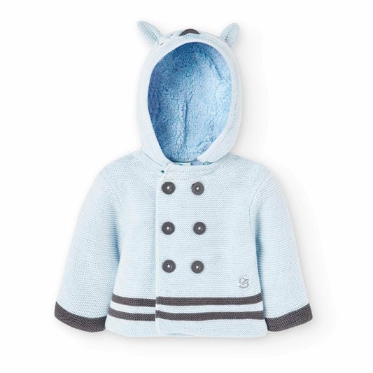 Chaqueta de bebe tricotosa interior de borreguito con botones y capucha de zorrito en color azul celeste Boboli