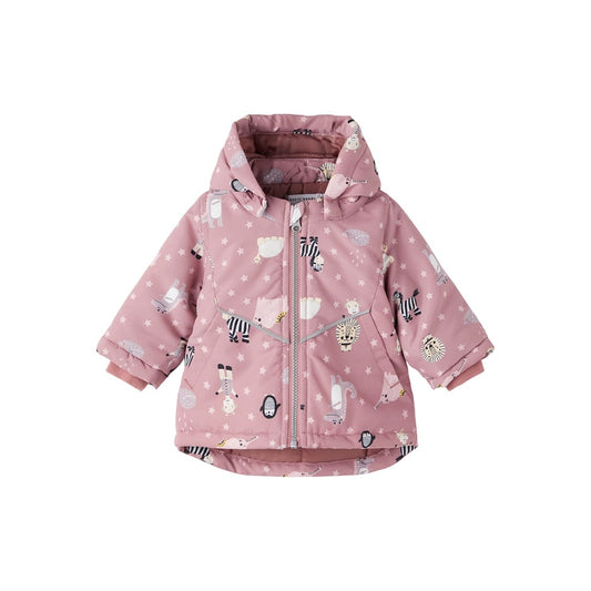 Chaqueta bebe con capucha ,cremallera y bolsillos laterales, color rosa con animales estampados por toda la prenda Name It