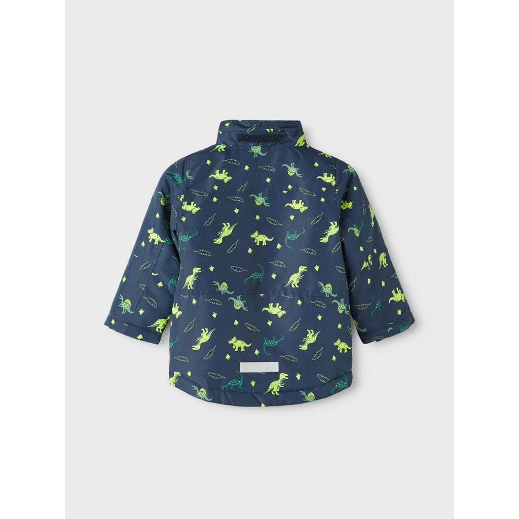 Chaqueta niño con capucha, cremallera y bolsillos a los lados en color navy con estampado de dinos en color lima Name It