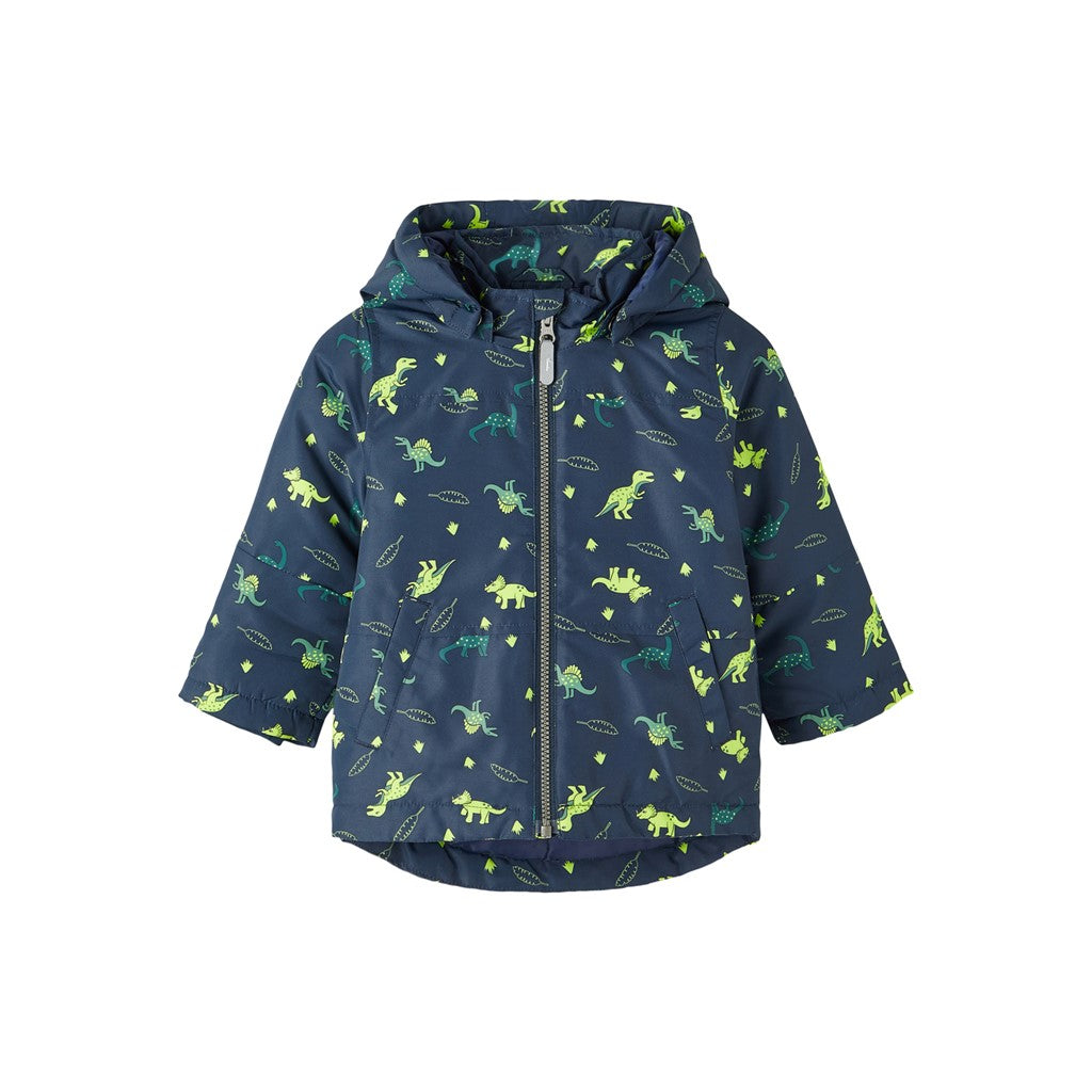 Chaqueta niño con capucha, cremallera y bolsillos a los lados en color navy con estampado de dinos en color lima Name It