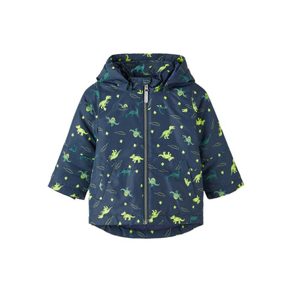 Chaqueta niño con capucha, cremallera y bolsillos a los lados en color navy con estampado de dinos en color lima Name It