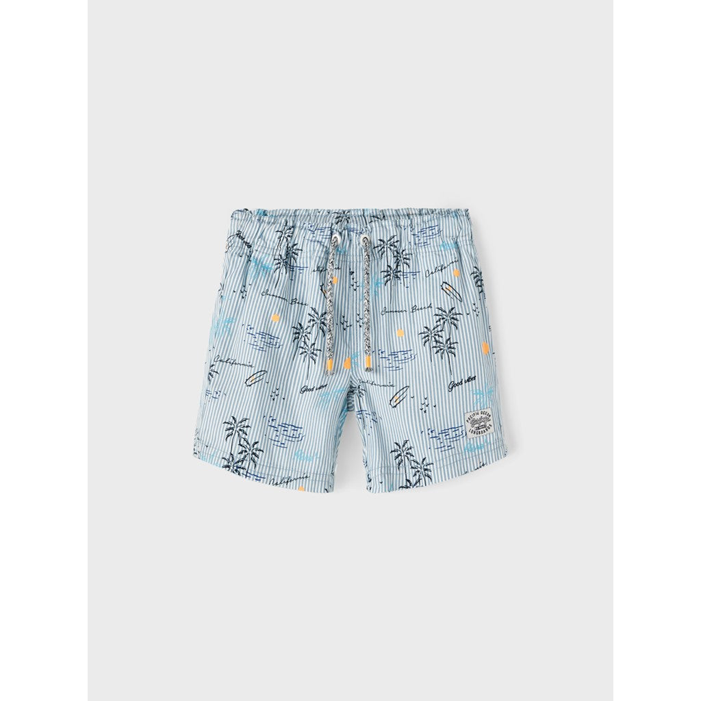 bañador de niño tipo bermudas con cordones y botones interiores estampado de palmeras Nameit