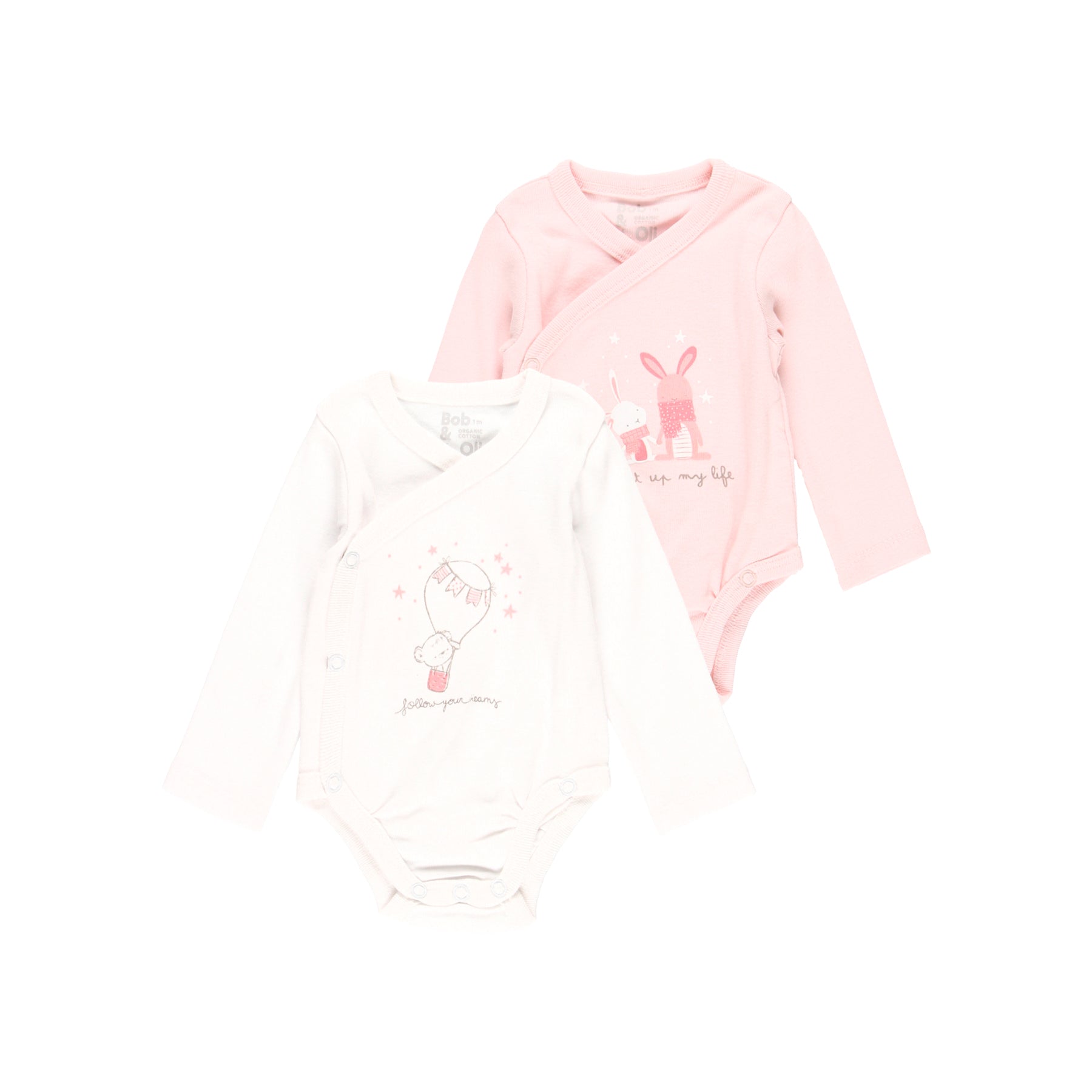 pack de 2 bodys de bebé niña de manga larga colores blanco y rosa con estampado de conejitos cruzado en el pecho Boboli