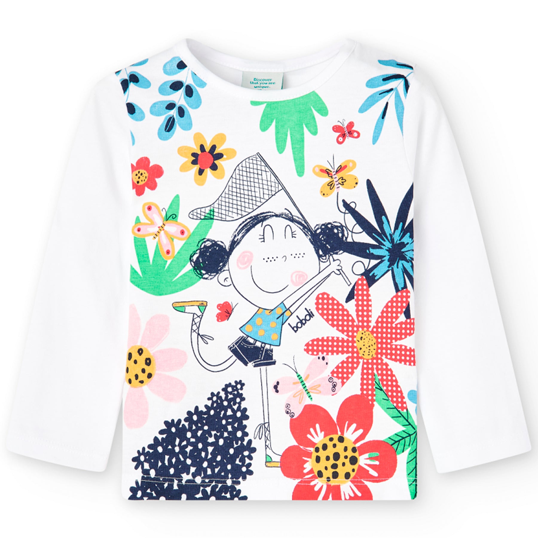 Camiseta  niña de manga larga color blanco con estampado multicolor de niña y flores Boboli