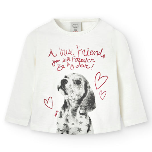Camiseta niña de manga larga en color blanco con un perrito y letras y corazones estampado Boboli