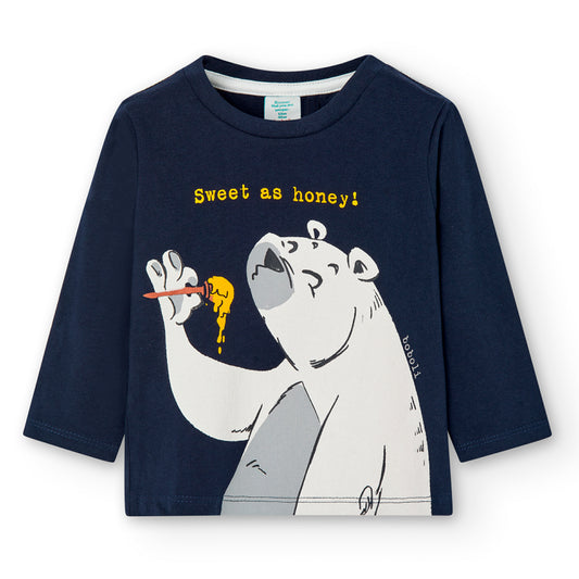 Camiseta niño de manga larga en color azul oscuro con un oso comiendo miel estampado Boboli