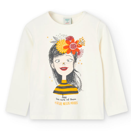 Camiseta niña manga larga color beige y estampado de chica con flores Boboli