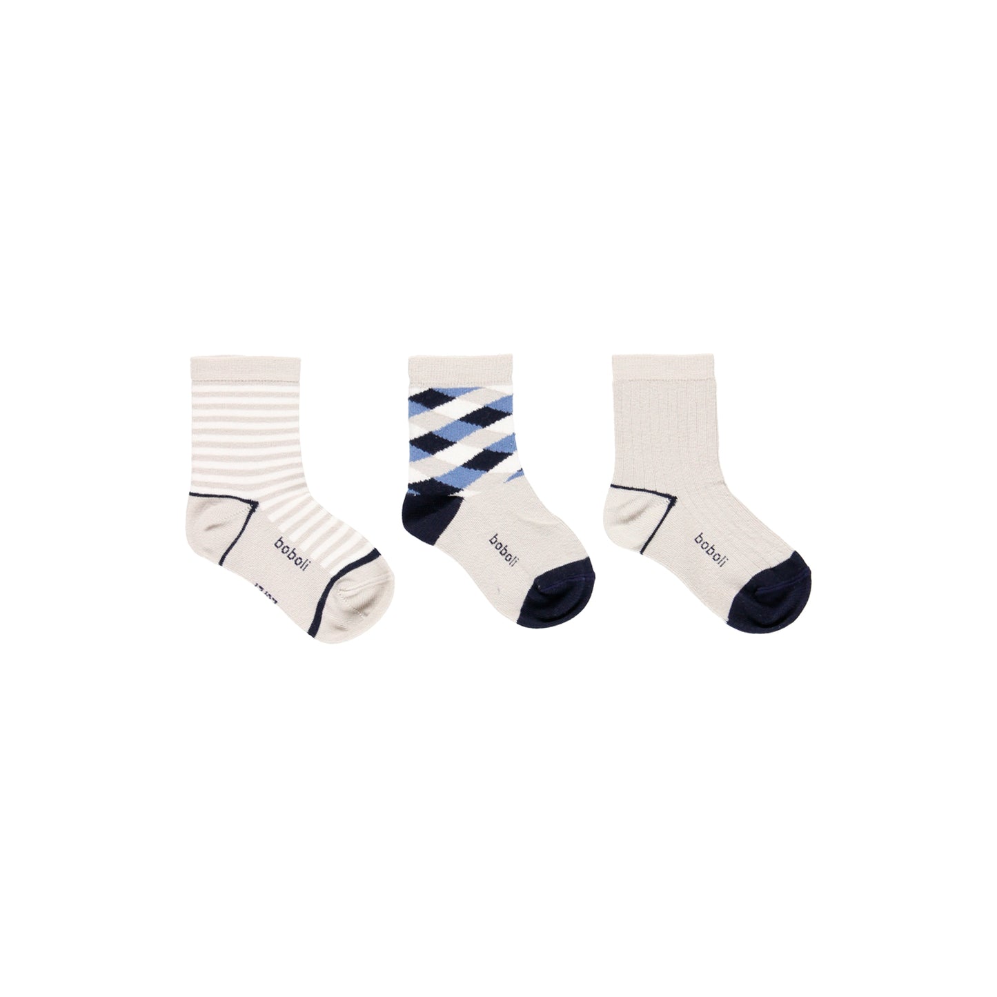 Pack de 3 pares de calcetines de niño en colores blanco con estampados de rombos y rayas Boboli