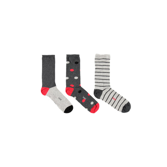 Pack de 3 pares de calcetines de niña con colores gris negro y rojo con estampado de topos y rayas  Boboli