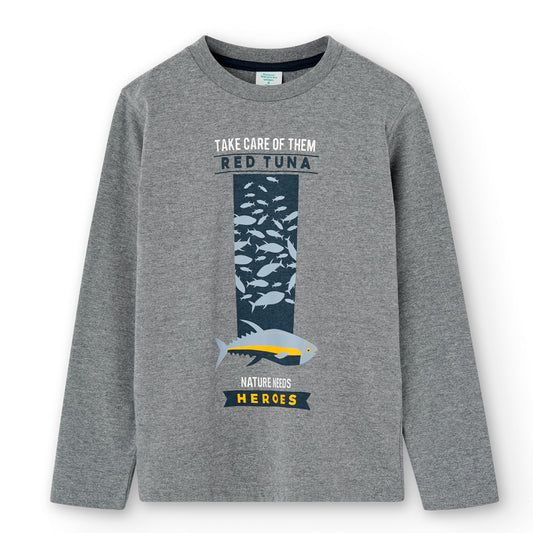Camiseta niño de manga larga en color gris con estampado de peces Boboli