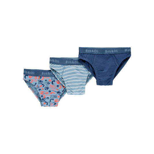 Pack de 3 calzoncillos de niño con goma en tonos azules y estampado de letras y rayas Boboli